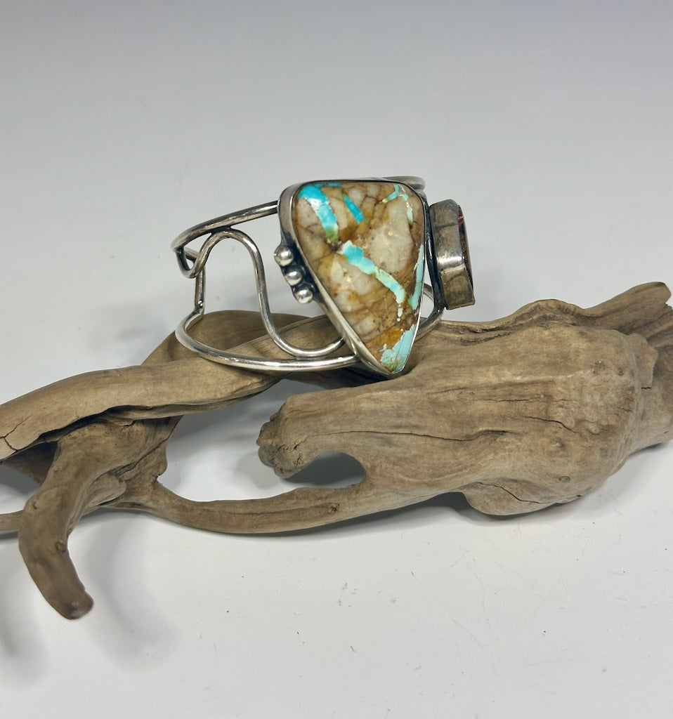 RIBBON TURQUOISE, BOULDER OPAL AND STERLING SILVER CUFF WK77