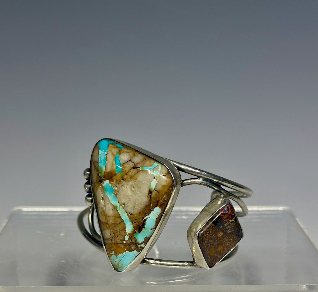 RIBBON TURQUOISE, BOULDER OPAL AND STERLING SILVER CUFF WK77