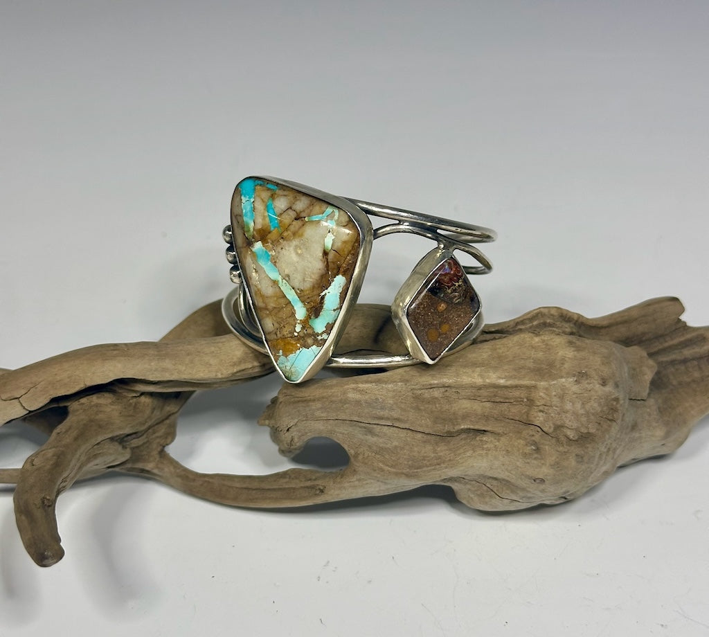 RIBBON TURQUOISE, BOULDER OPAL AND STERLING SILVER CUFF WK77