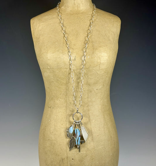 LARIMAR, WHITE DRUZY, ENAMEL MULTI STONE NECKLACE WITH STERLING SILVER CHAIN WK92