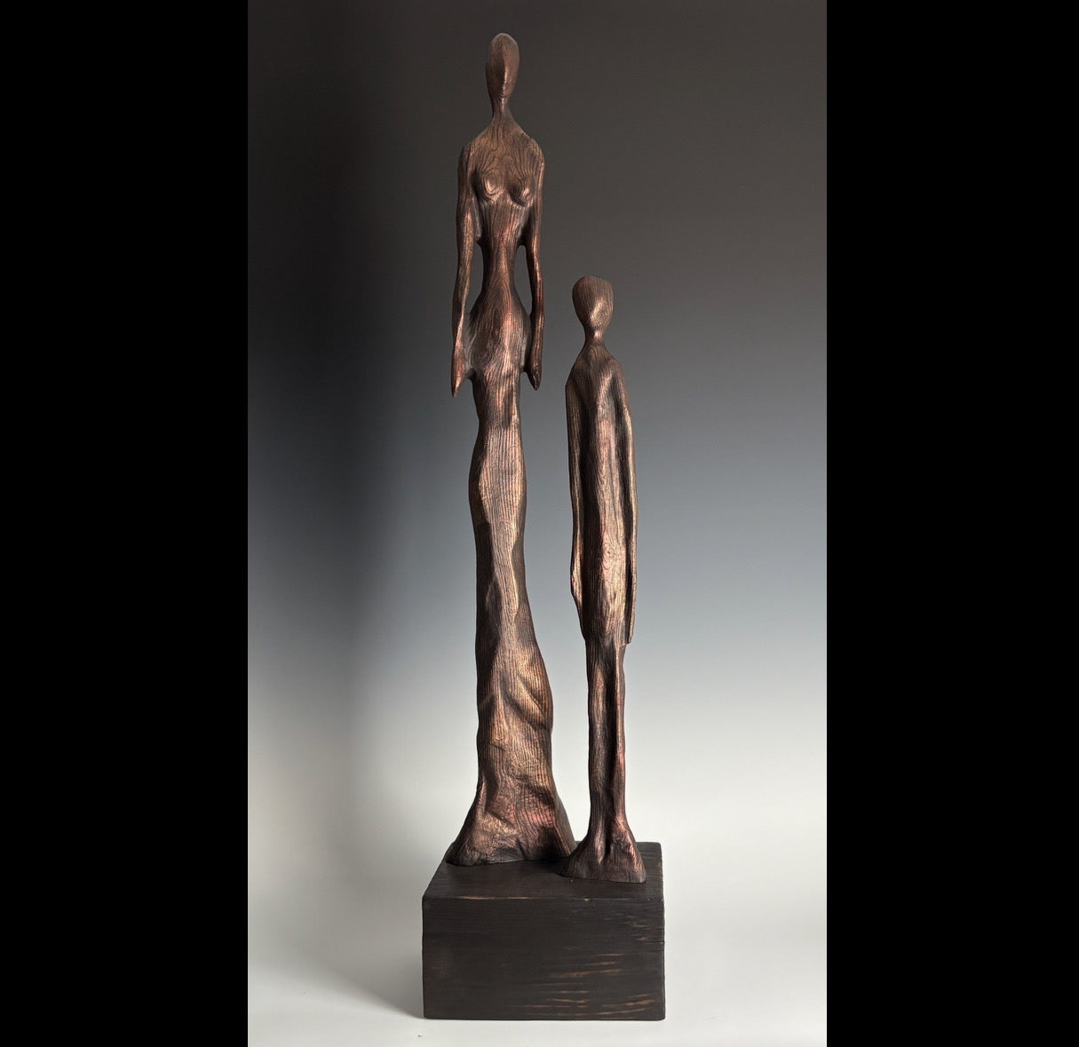 "WOMAN AND BOY" HAND CARVED RED OAK SCULPTURE