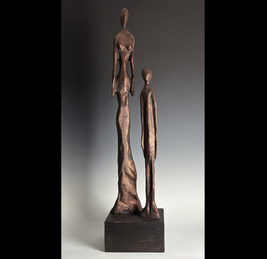 "WOMAN AND BOY" HAND CARVED RED OAK SCULPTURE