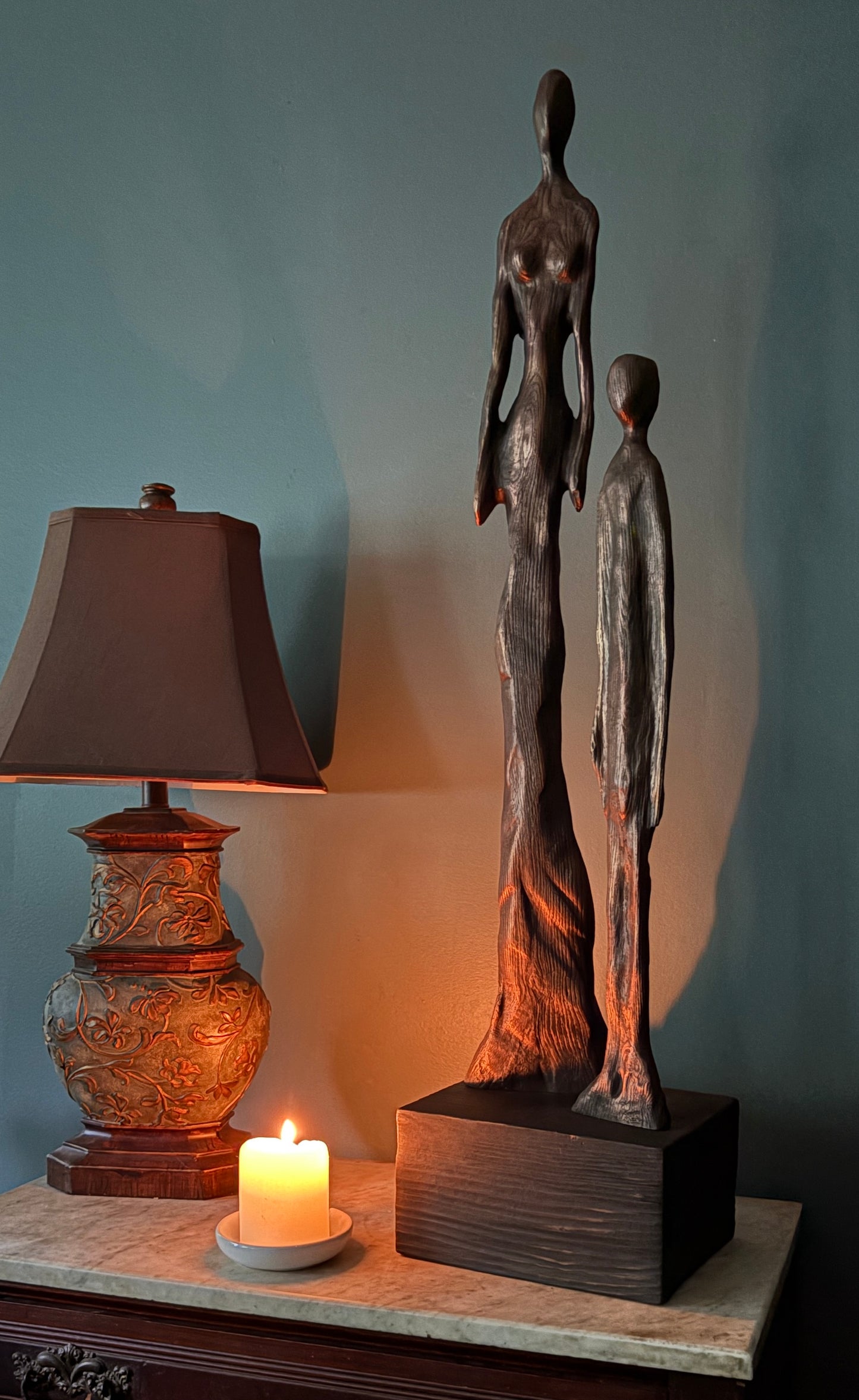 "WOMAN AND BOY" HAND CARVED RED OAK SCULPTURE