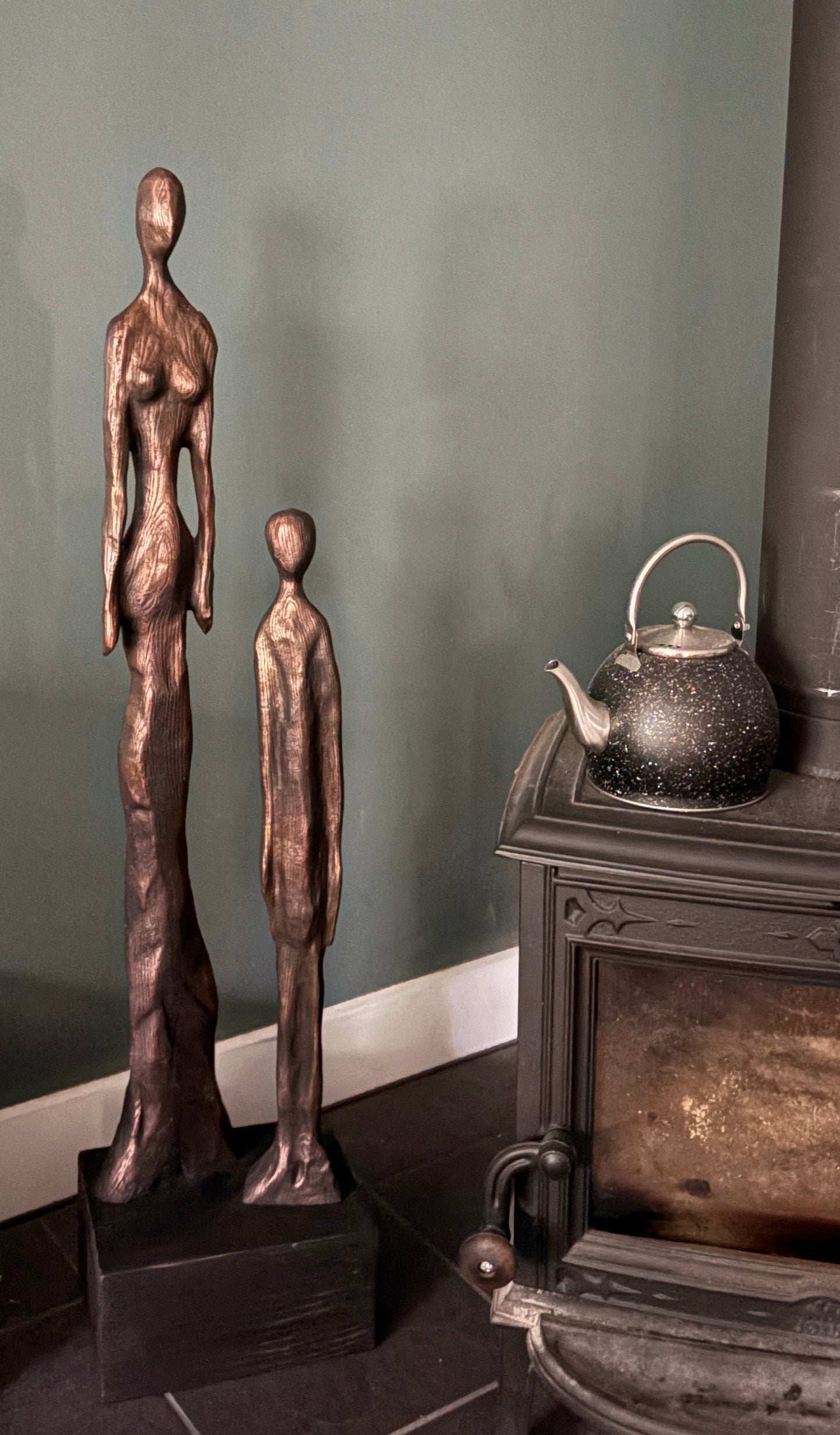 "WOMAN AND BOY" HAND CARVED RED OAK SCULPTURE
