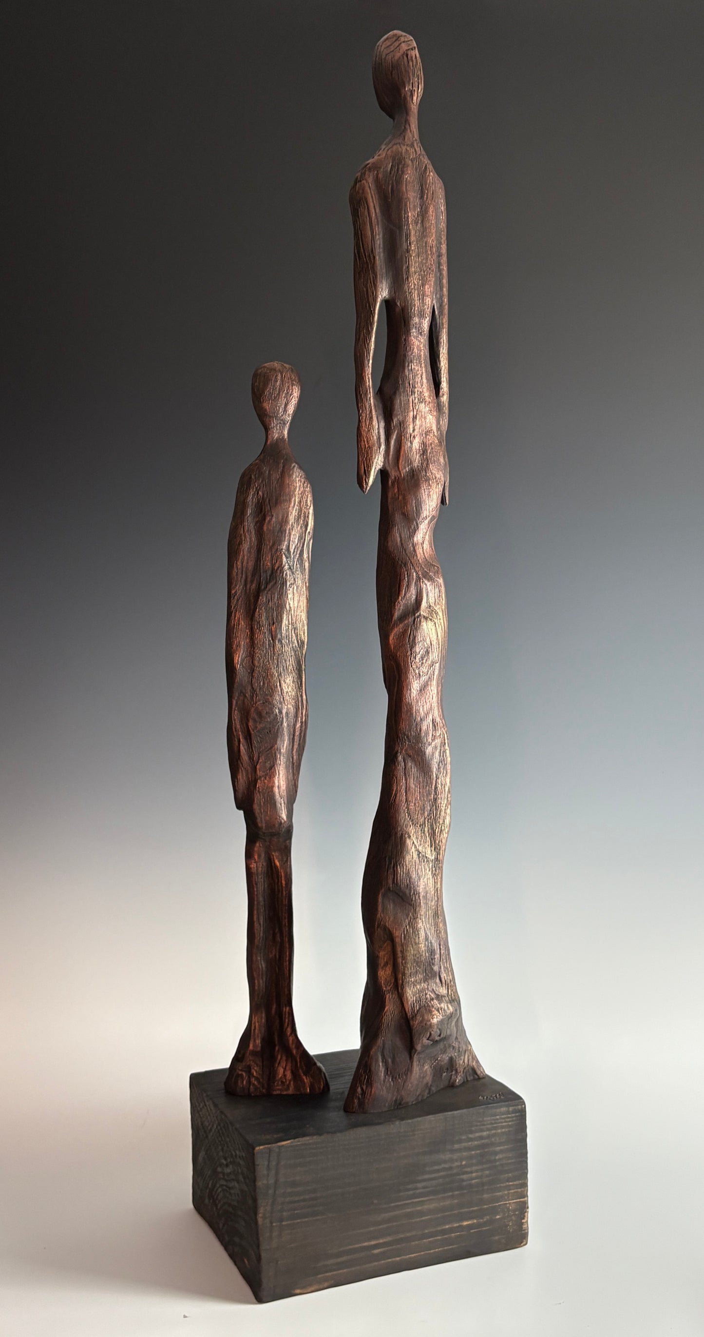 "WOMAN AND BOY" HAND CARVED RED OAK SCULPTURE