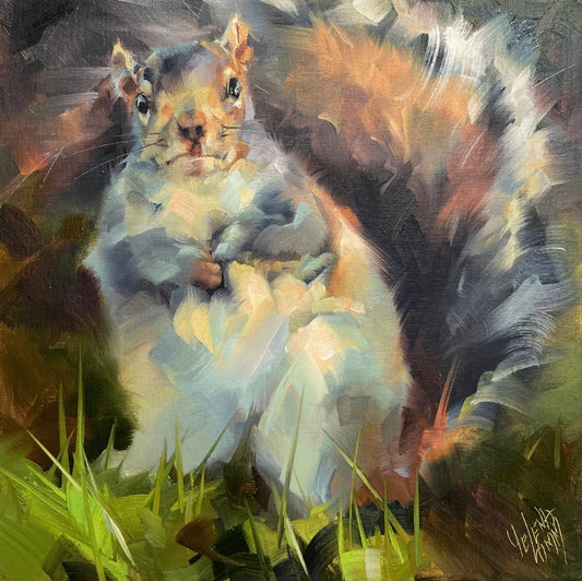 "NUTTY ENCOUNTER" ORIGINAL OIL ON LINEN PANEL/FRAMED