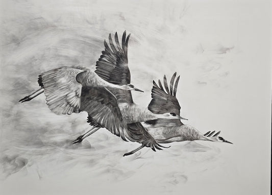 "THE LONG MIGRATION HOME" ORIGINAL FUMAGE DRAWING ON CLAY BOARD/FRAMED