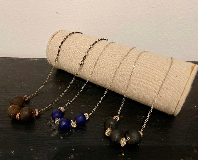 Adjustable Silver and Blue Glass Bead Necklace