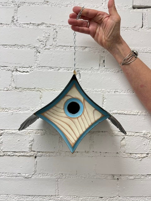 “Peep” Birdhouse in White with Blue Trim