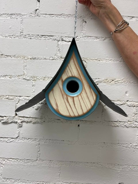 “Raindrop” Birdhouse with White with Blue Trim