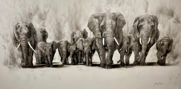 “The Elephant Family” Original Fumage Drawing on Clay Board/Custom Framed
