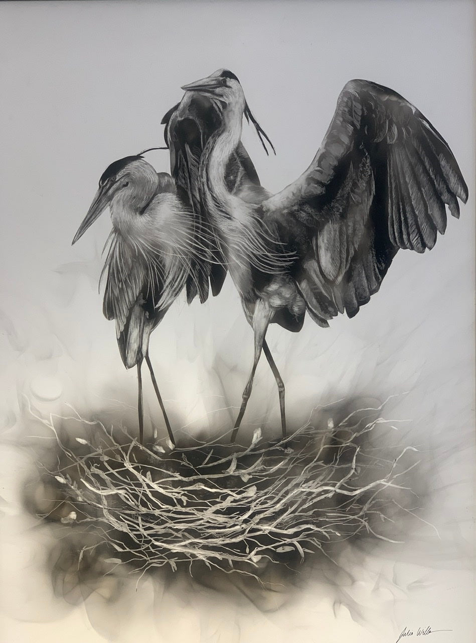 “Blue Herons Spring Nest” Fumage Drawing on Clay Board