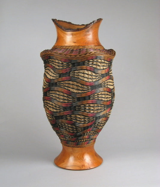 “Crown with Cherry Wood” Mixed Media Basket with Hand Turned Wood Base and Lip