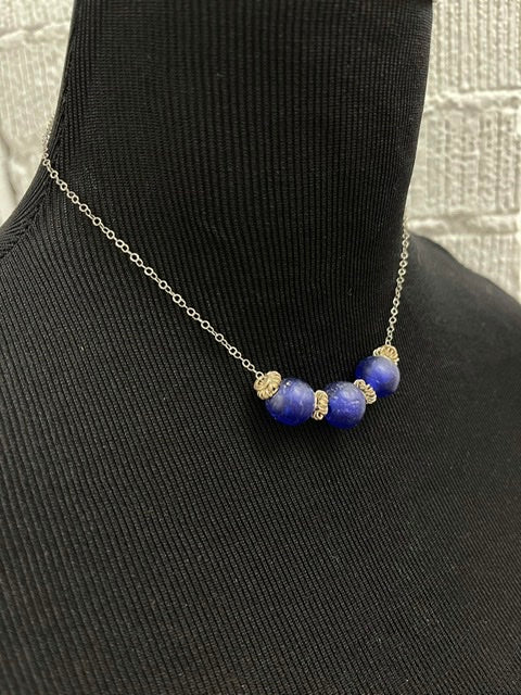 Adjustable Silver and Blue Glass Bead Necklace