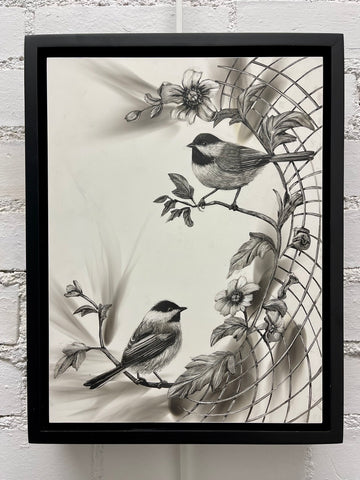“Courting of the Black Capped Chickadees” Fumage Drawing on Clay Board