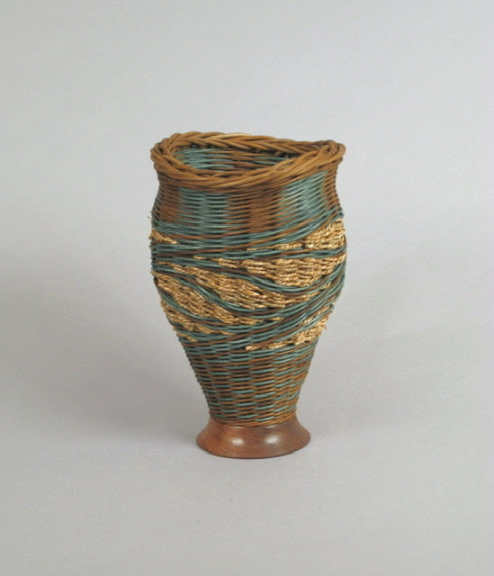 “Teal Spiral Hills with Walnut Wood” Mixed Media Basket with Hand Turned Wood Base and Lip