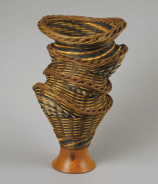 “Babble with Cherry Wood” Mixed Media Basket with Hand Turned Wood Base and Lip