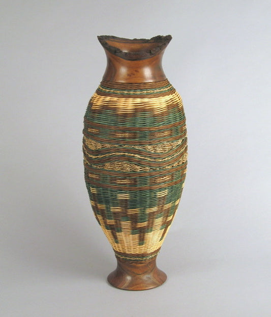 “Illusion with Walnut Wood” Mixed Media Basket with Hand Turned Wood Base and Lip