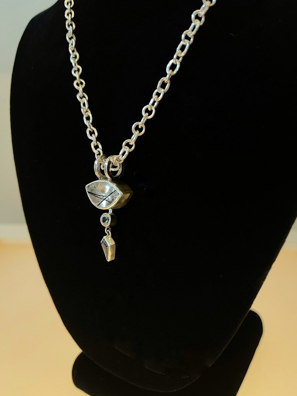 Rutilated Quartz, Topaz and Zircon Necklace with Handmade Hammered Chain
