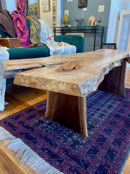 SPALTED MAPLE LIVE EDGE TABLE/BENCH WITH WALNUT LEGS