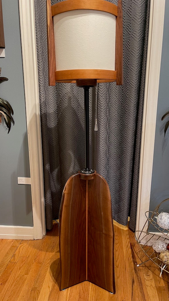 HAND HEWN WOOD LAMP WITH WALNUT AND METAL