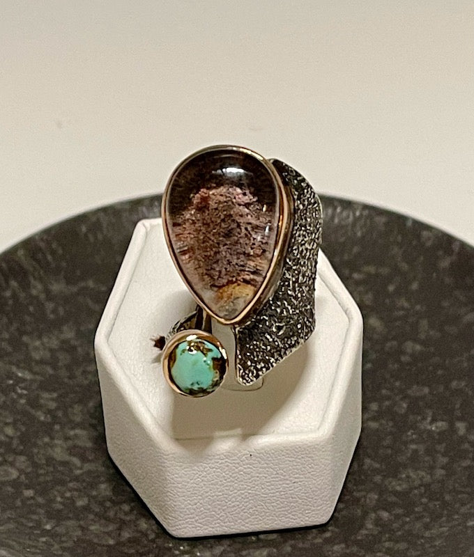 LUDOLITE AND TURQUOISE RING WITH STERLING SILVER AND 14K GOLD BR235195