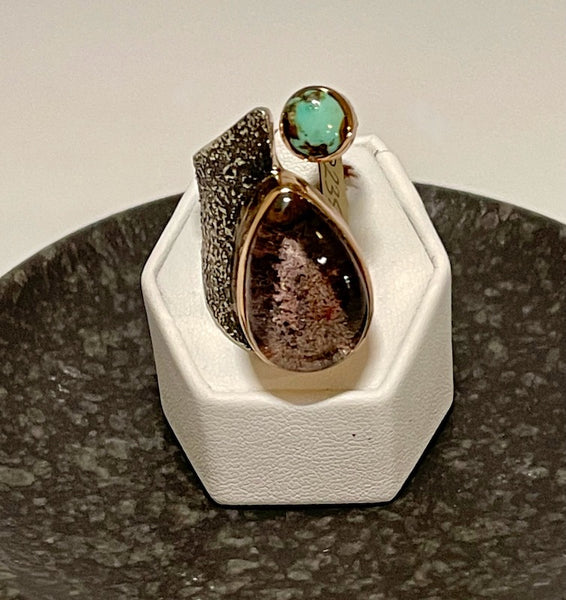LUDOLITE AND TURQUOISE RING WITH STERLING SILVER AND 14K GOLD BR235195