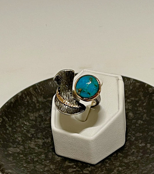 OXIDIZED STERLING SILVER AND 14K  WRAP RING WITH TURQUOISE BR247185
