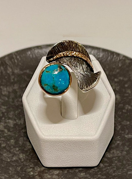 OXIDIZED STERLING SILVER AND 14K  WRAP RING WITH TURQUOISE BR247185