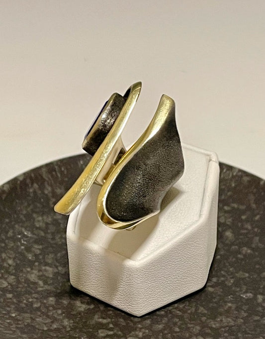 OXIDIZED STERLING SILVER AND 14K LARGE OPEN WRAP RING  WITH LAPIS BR325275