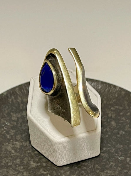 OXIDIZED STERLING SILVER AND 14K LARGE OPEN WRAP RING  WITH LAPIS BR325275