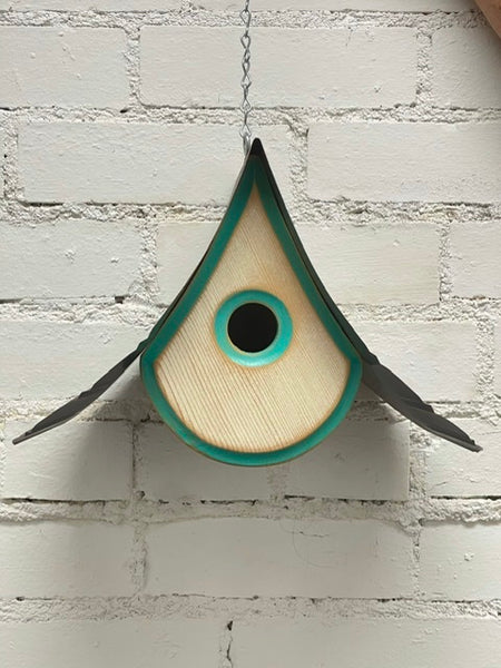 “Raindrop” Birdhouse with White and Turquoise Green trim