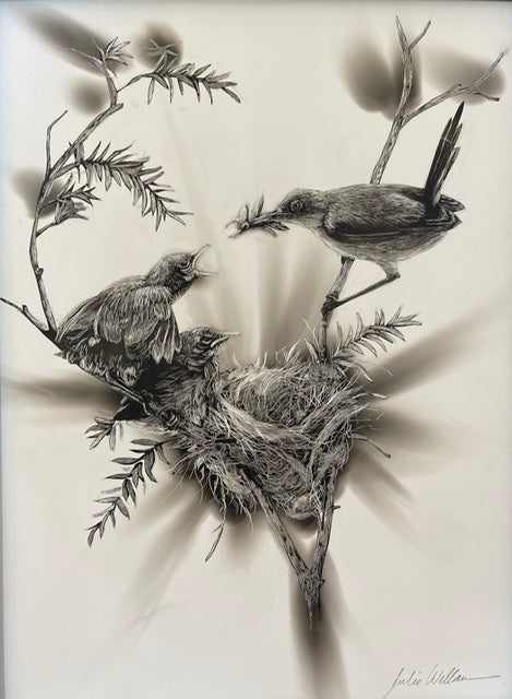 “Carolina Wren Chicks” Fumage Drawing on Clay Board