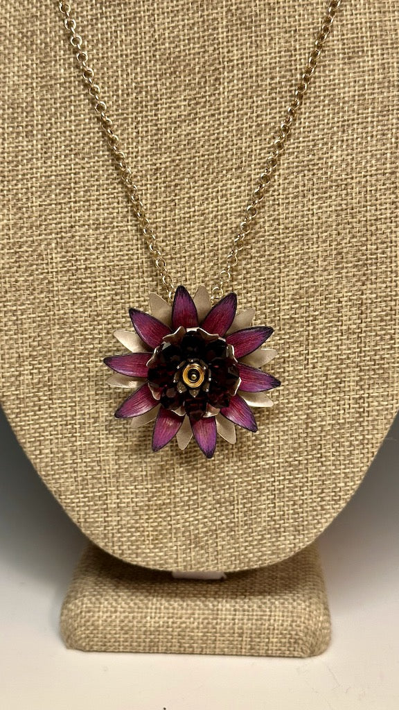 AMETHYST LOTUS WITH AMETHYST BEADS AND 18" STERLING SILVER ROLLS CHAIN DKA122