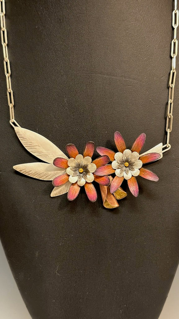 DOUBLE FLOWER MULTI COLOR PENDANT NECKLACE ON STERLING SILVER CHAIN DKA143