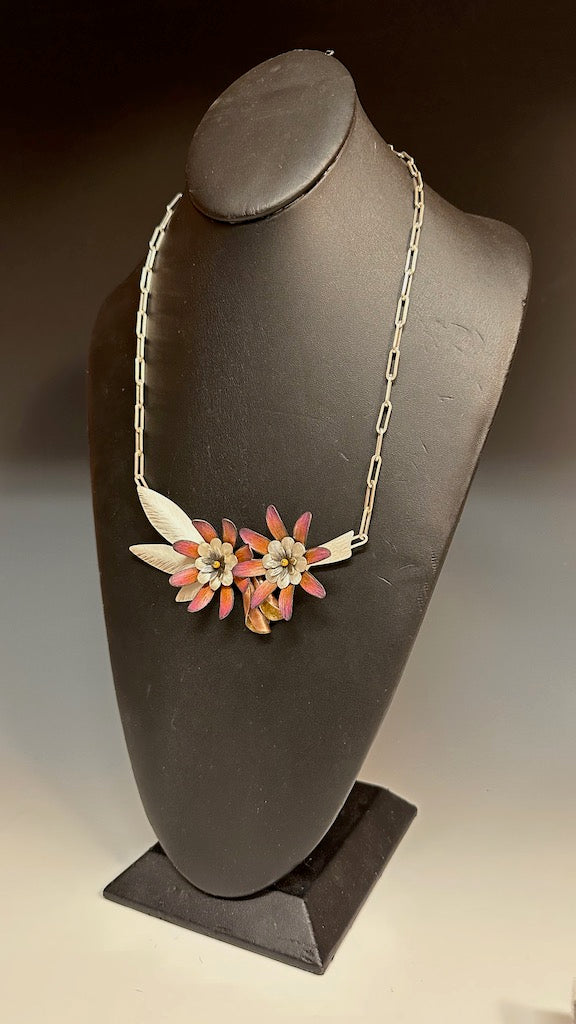 DOUBLE FLOWER MULTI COLOR PENDANT NECKLACE ON STERLING SILVER CHAIN DKA143