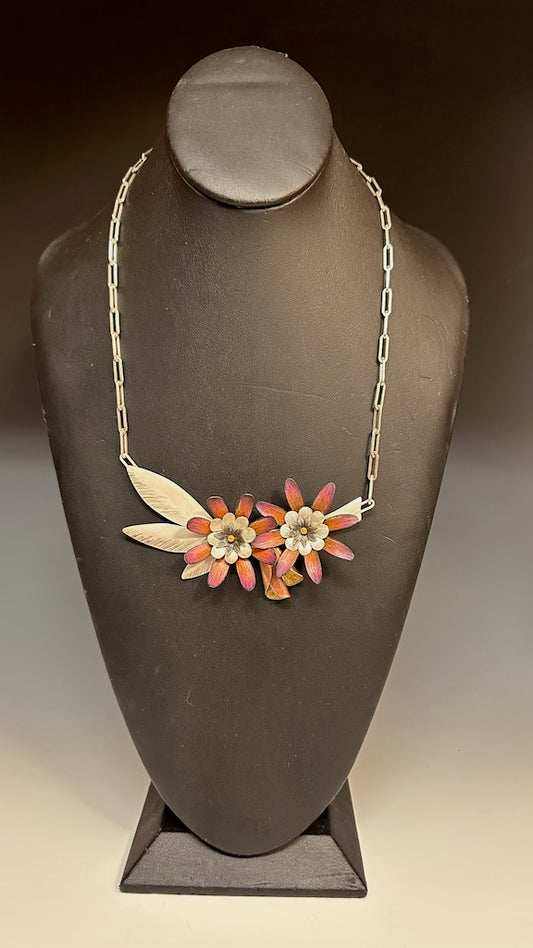 DOUBLE FLOWER MULTI COLOR PENDANT NECKLACE ON STERLING SILVER CHAIN DKA143