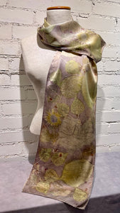HAND DYED SILK CHARMEUSE ECO-PRINTED SCARF WITH MUSHROOM NATURAL DYES F219