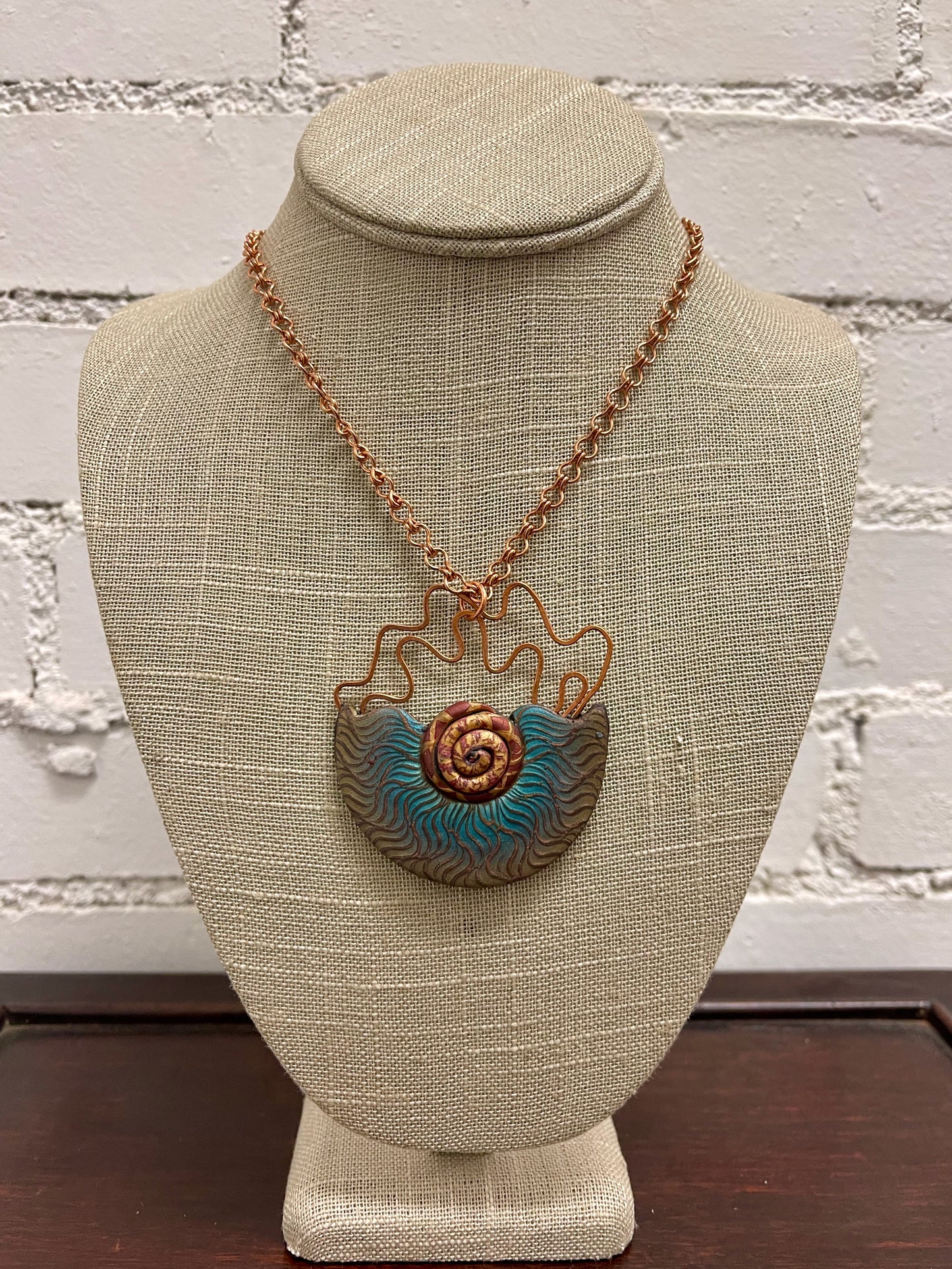 Multi-Colored Polymer Clay Pendant with Hand Hammered Wire Element Vintage Copper Chain PCN261