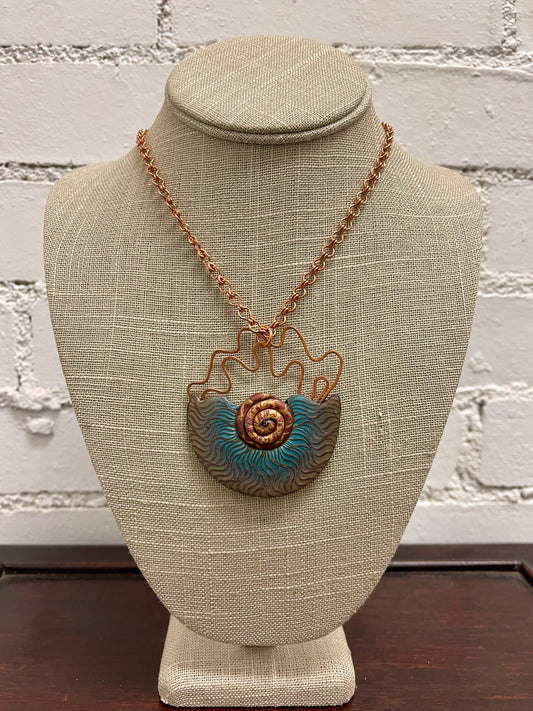 Multi-Colored Polymer Clay Pendant with Hand Hammered Wire Element Vintage Copper Chain PCN261