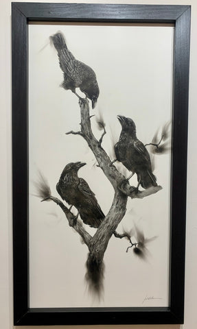 “Three Ravens” Fumage Drawing on Clay Board