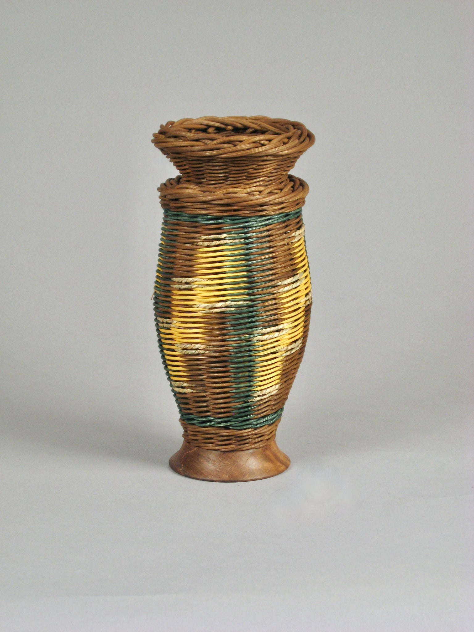 "GOLD THREE UP WITH WALNUT" Mixed Media Basket with Hand Turned Wood Base