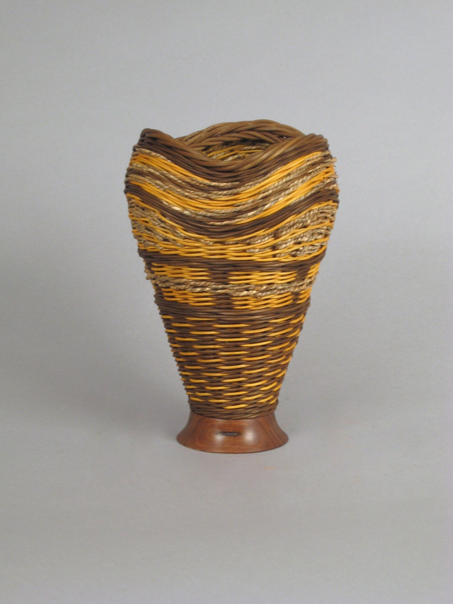 "Three Waves with Tan and Walnut” Mixed Media Basket with Hand Turned Wood Base