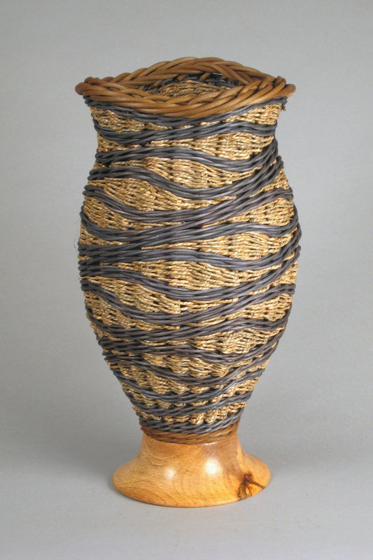 "Triple Spiral Hills with Oak” Mixed Media Basket with Hand Turned Wood Base