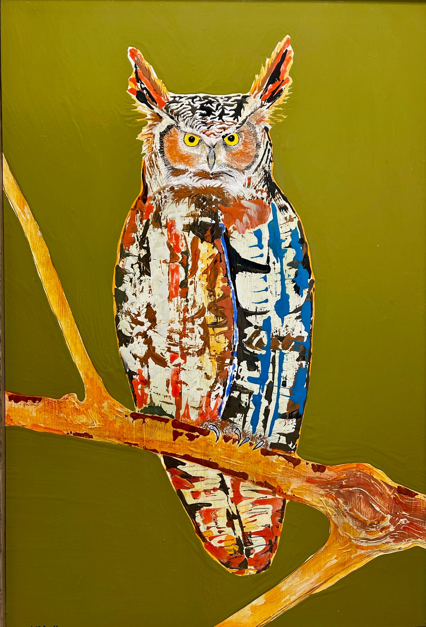 "GREAT HORNED OWL" Original Mixed Media Painting on Board/Framed