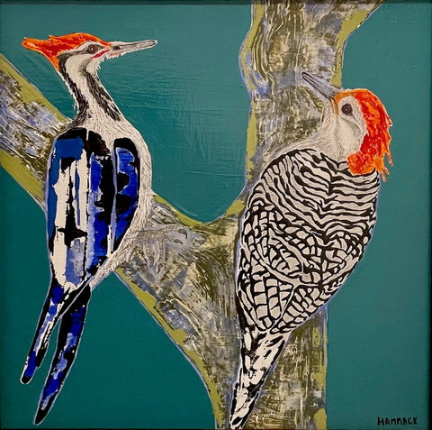 "PILEATED AND RED BELLIED WOOD PECKERS" Original Mixed Media Painting on Board/Framed