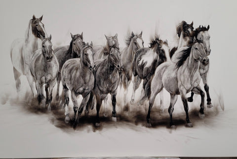 "A Herd of Horses" Original Fumage Drawing on Clay Board
