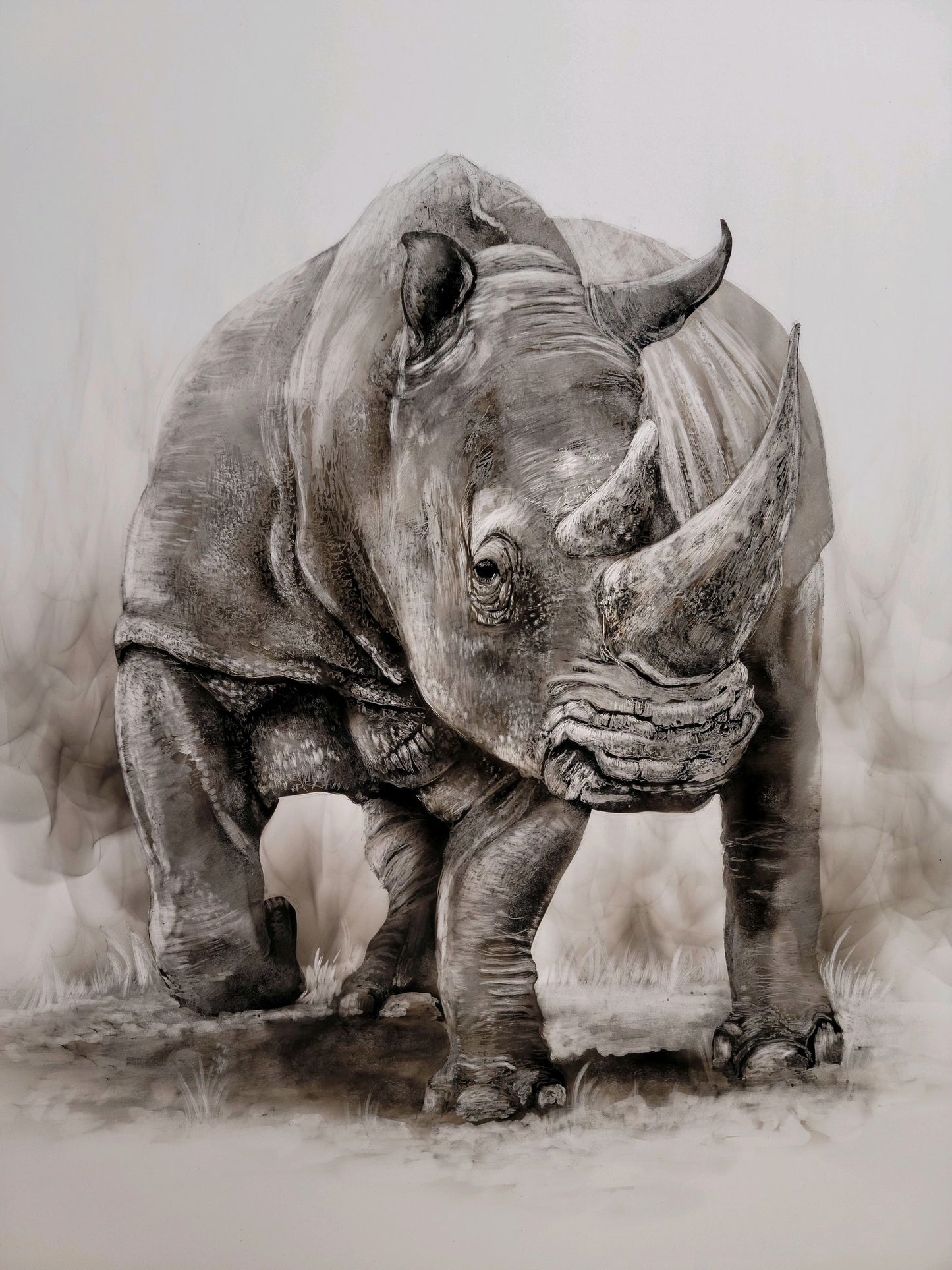 "RHINO" Original Fumage Drawing on Clay Board/Framed