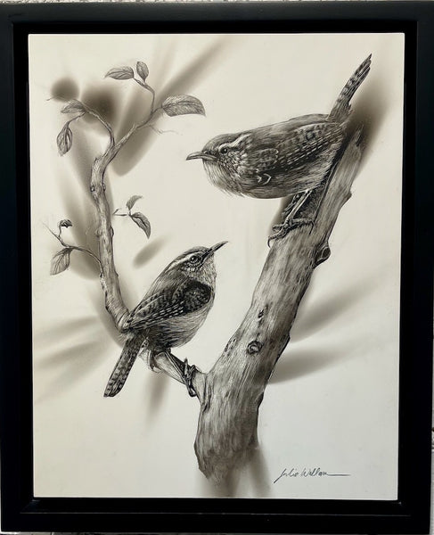 "The Carolina Wrens” Fumage Drawing on Clay Board