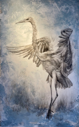 "The Dream of the Heron" Original Fumage Drawing with Mixed Media on Canvas